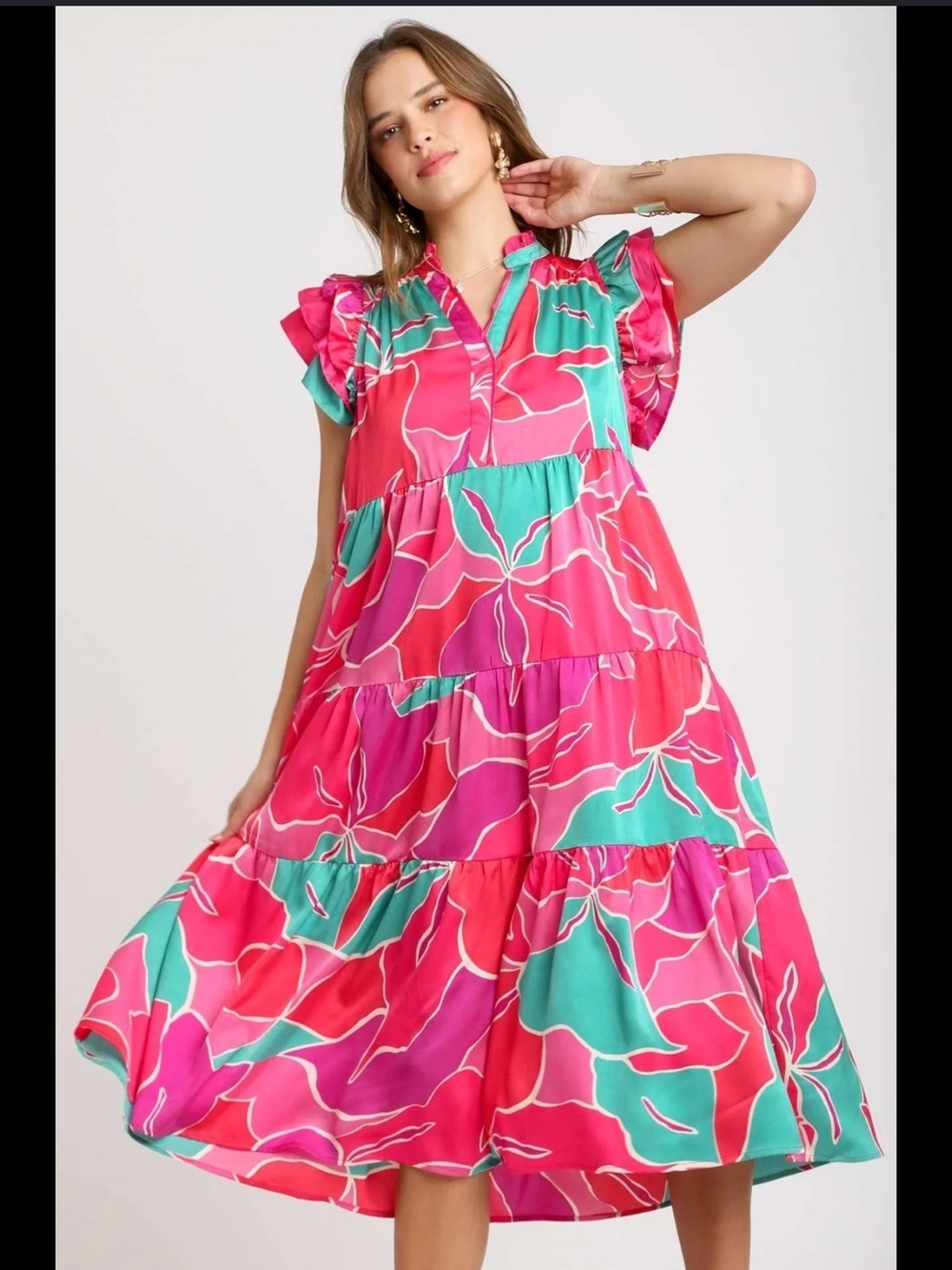 Umgee Pink & Green Abstract Print Tiered Maxi Dress